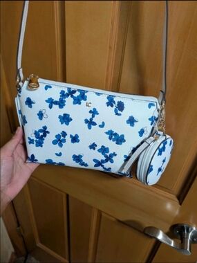 White & Blue Floral Crossbody Bag with Coin Pouch
